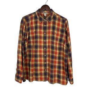 Duluth Trading Shirt Womens XL Gold‎ Orange Plaid Flannel Outdoors Free Swinging